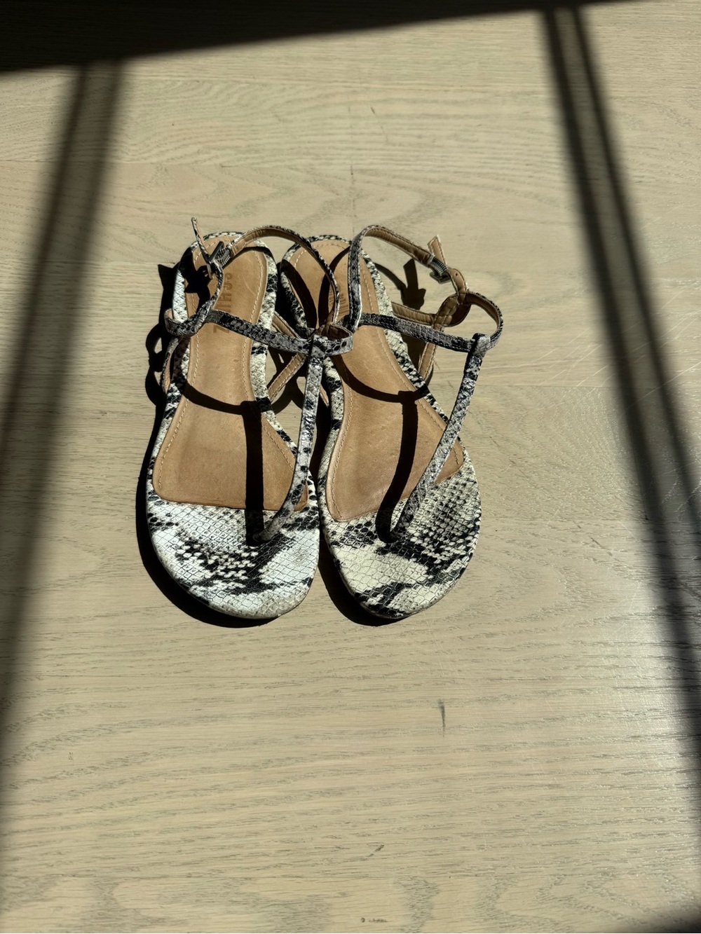 Schultz Snake-Print T-Strap Sandals in Black and White